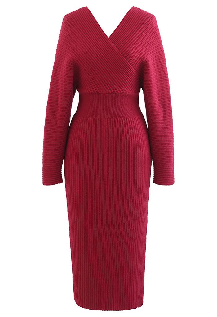 Long Sleeve Wrapped Bodycon Knit Midi Dress in Red