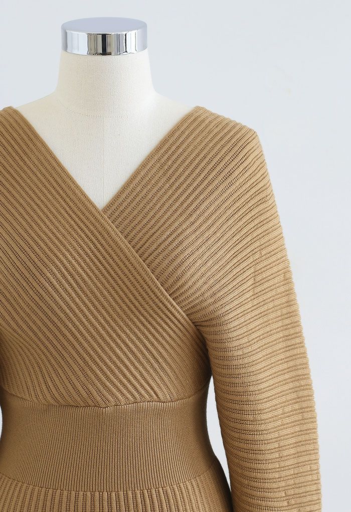 Long Sleeve Wrapped Bodycon Knit Midi Dress in Tan