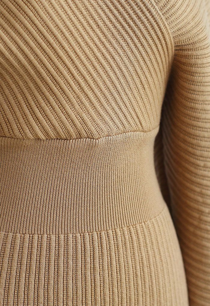 Long Sleeve Wrapped Bodycon Knit Midi Dress in Tan