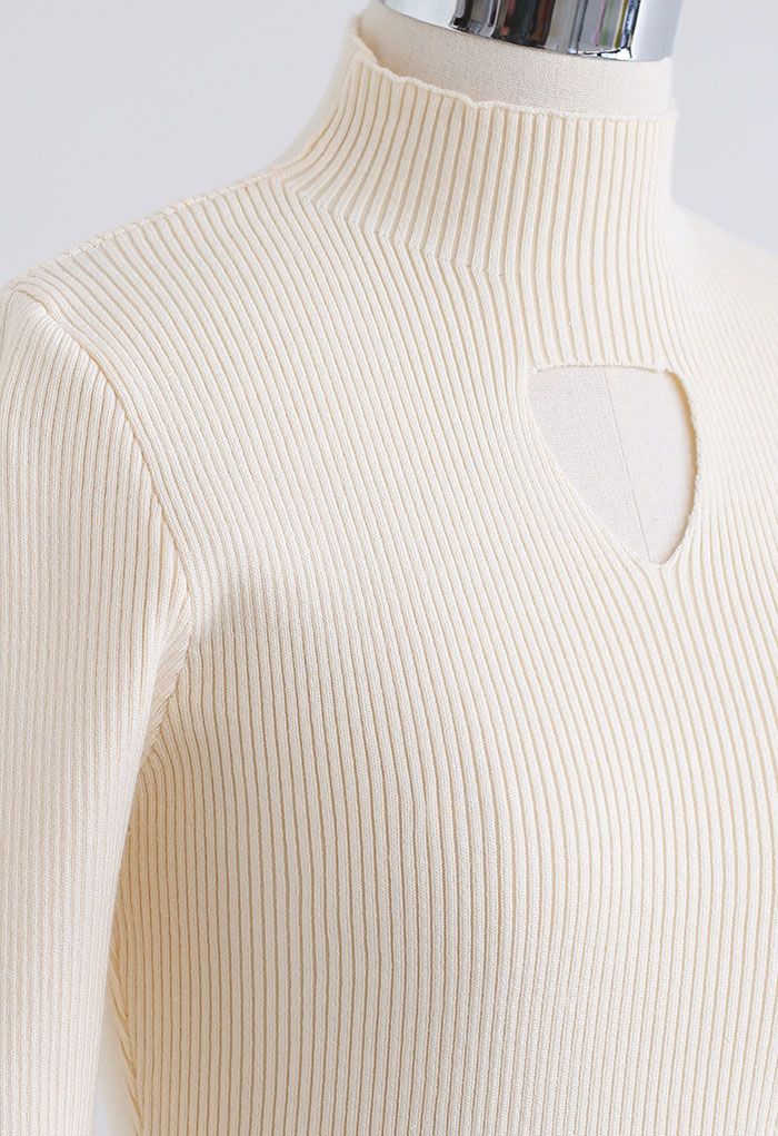 Mock Neck Cutout Knit Midi Dress in Cream