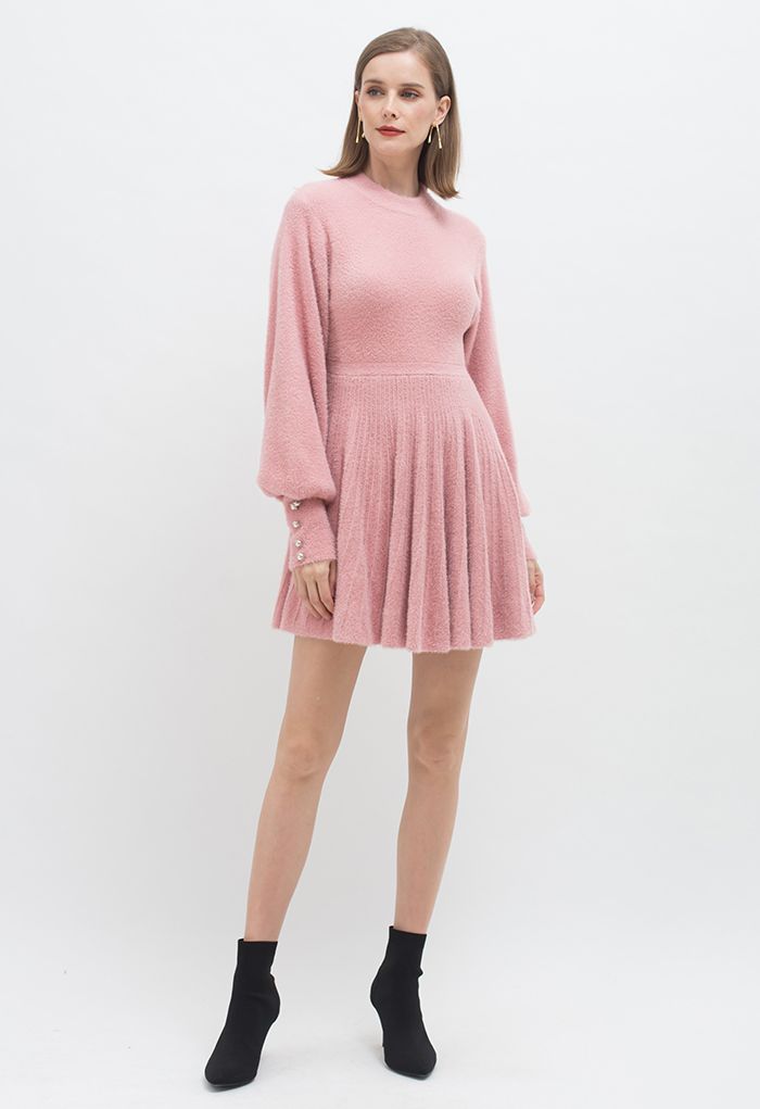 Extra Soft Fuzzy Knit Pleated Dress in Pink