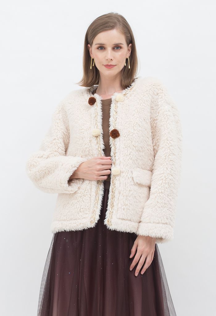 Contrast Ball Decorated Faux Fur Suede Coat in Cream