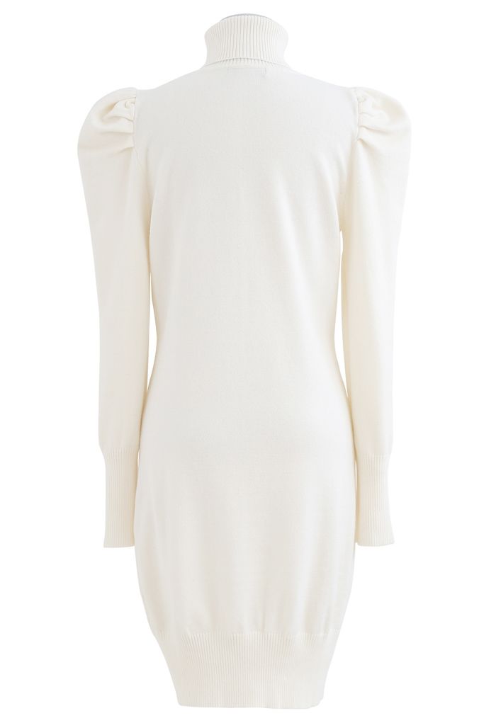 Bubble Shoulder Turtleneck Sweater Dress in White