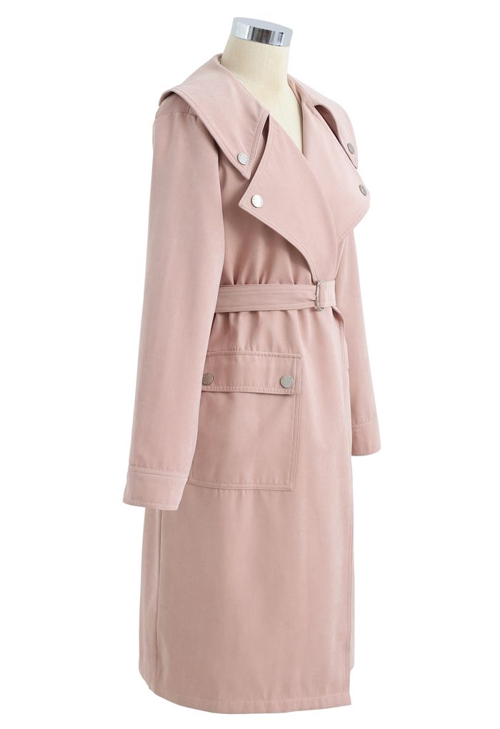 Suede Pocket Belted Trench Coat in Dusty Pink