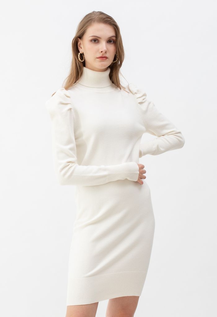 Bubble Shoulder Turtleneck Sweater Dress in White