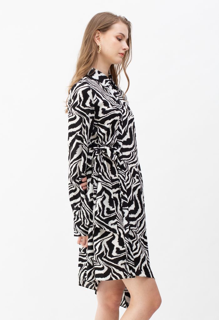 Zebra Print Knot Side Asymmetric Shirt Dress