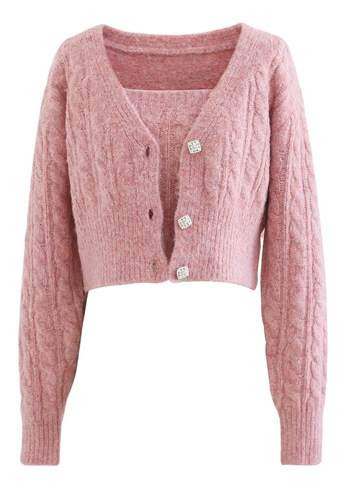 Braid Knit Cami Top and Crop Cardigan Set in Pink