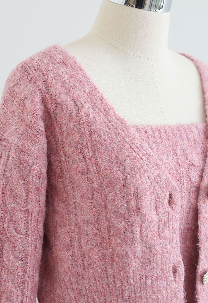 Braid Knit Cami Top and Crop Cardigan Set in Pink
