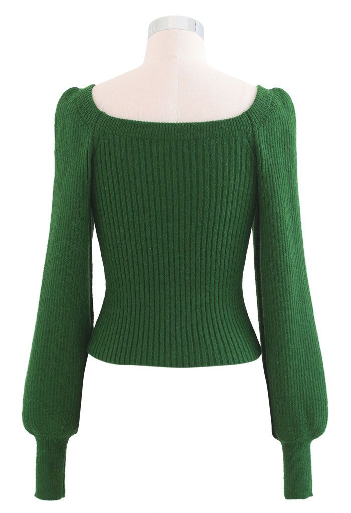 Pearly Flower Square Neck Crop Knit Top in Green