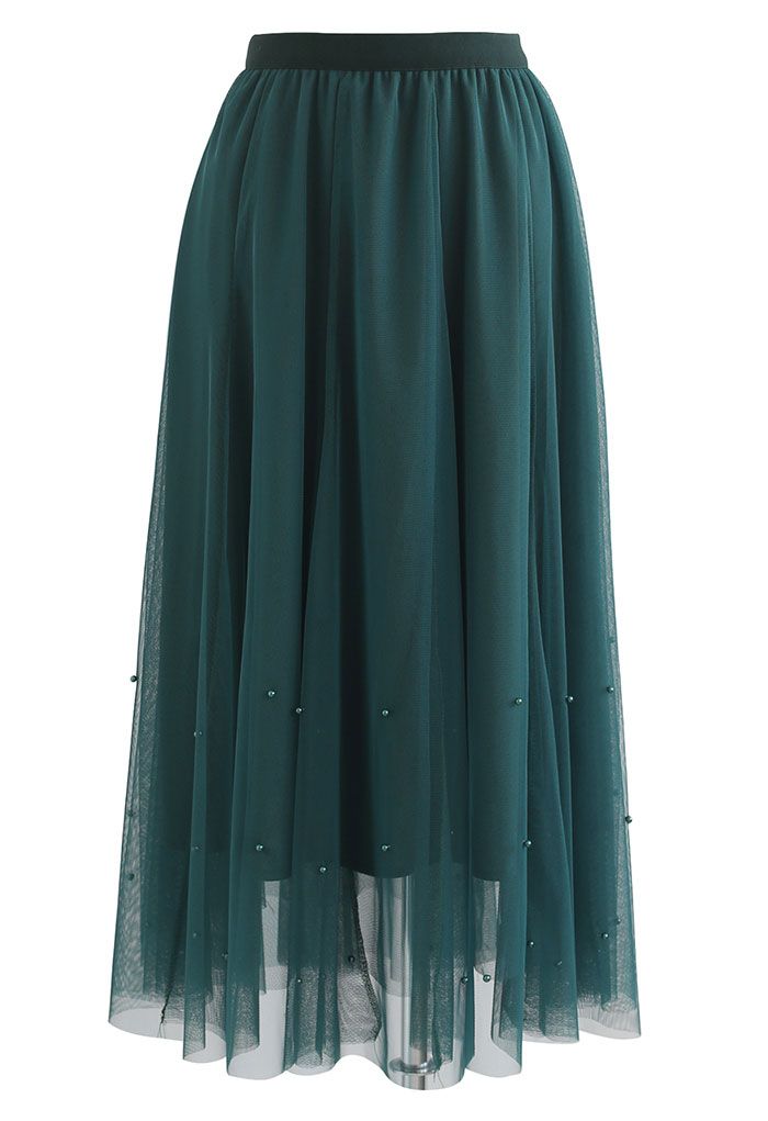Pearl Embellished Mesh Tulle Skirt in Green