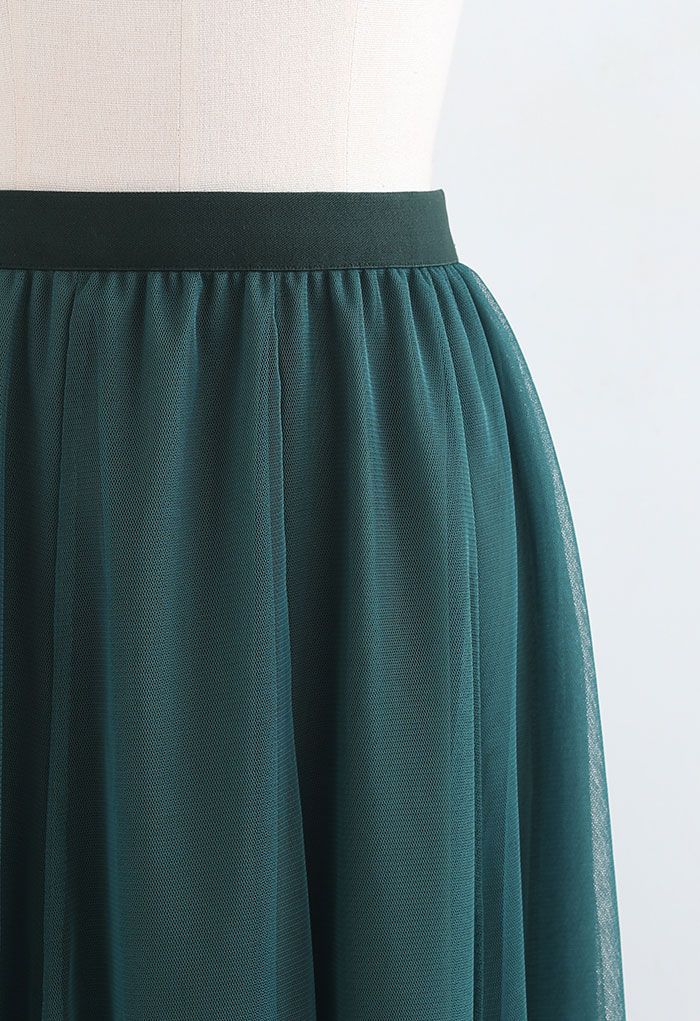 Pearl Embellished Mesh Tulle Skirt in Green