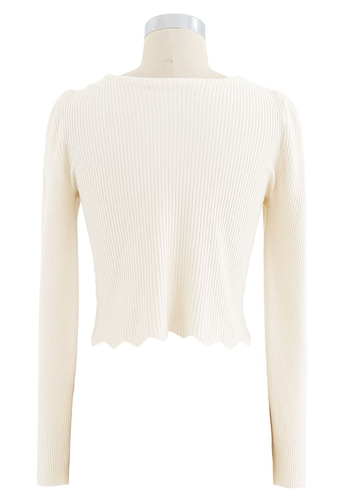 Pearls V-Neck Fitted Knit Top in Cream