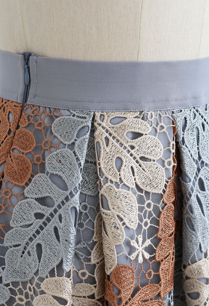 Multi-Color Leaves Crochet Pleated Midi Skirt