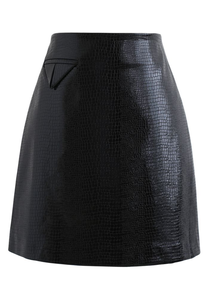 Crocodile Faux Leather Mini Skirt in Black