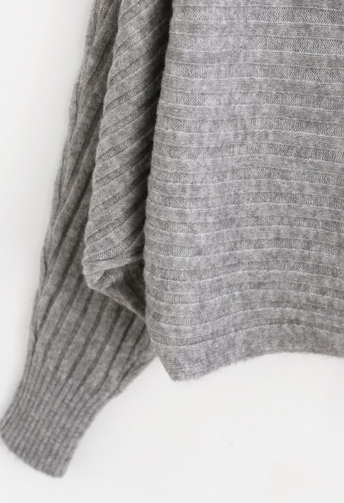 Fuzzy Boat Neck Crop Knit Sweater in Grey