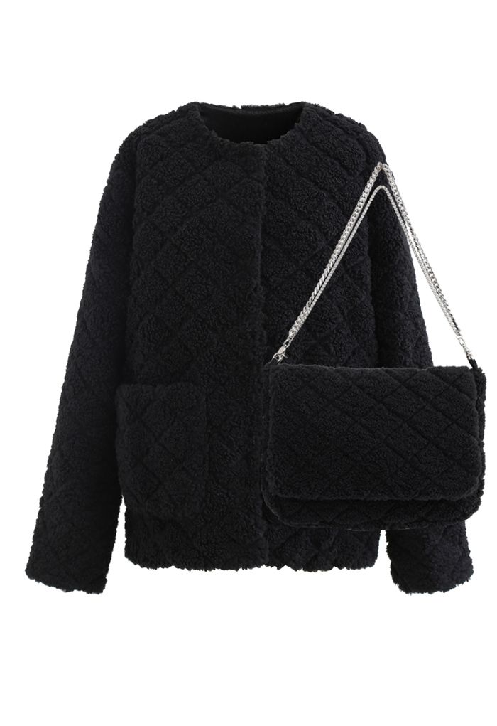 Diamond Faux Fur Coat with Flap Bag in Black