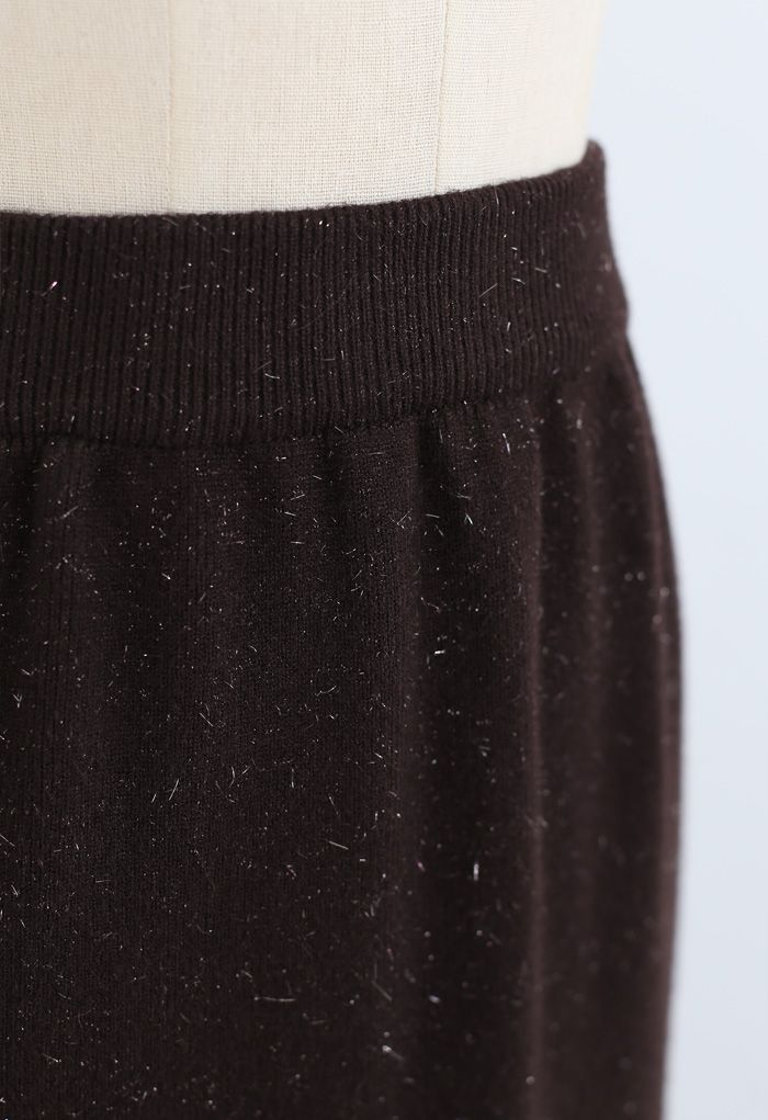 Metallic Thread Slit Back Rib Knit Skirt in Brown