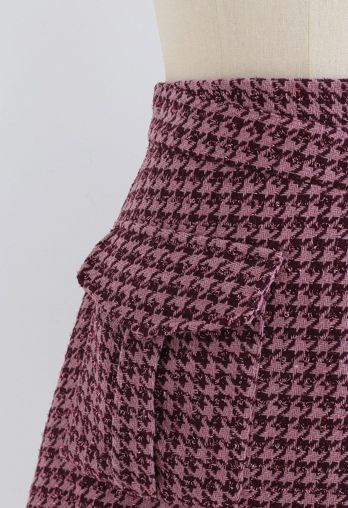 Houndstooth Tweed Asymmetric Mini Skirt in Hot Pink