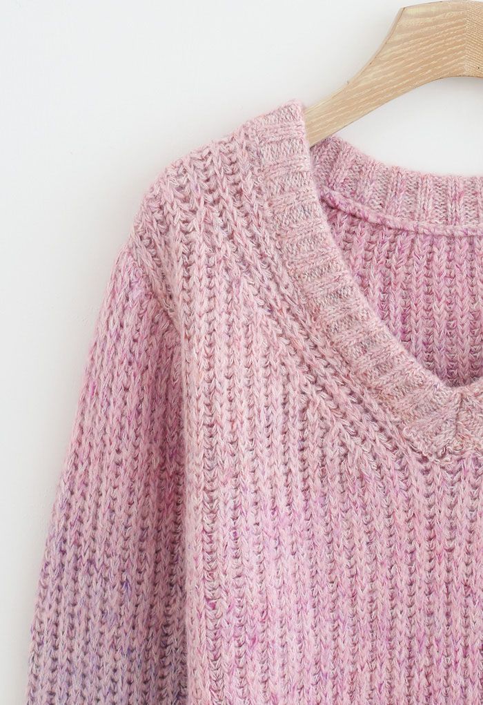 Ombre V-Neck Knit Sweater in Pink