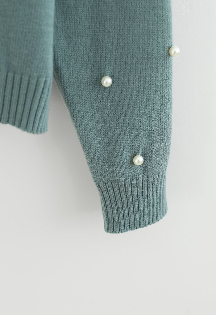 Pearl Trim Sleeves Ribbed Knit Sweater in Green