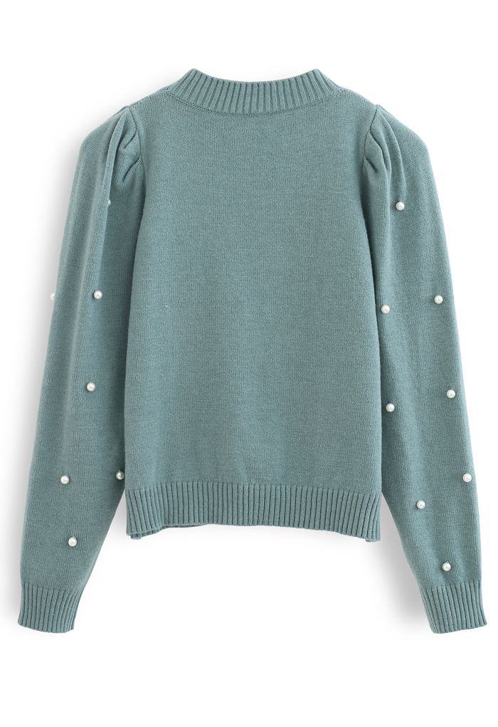 Pearl Trim Sleeves Ribbed Knit Sweater in Green