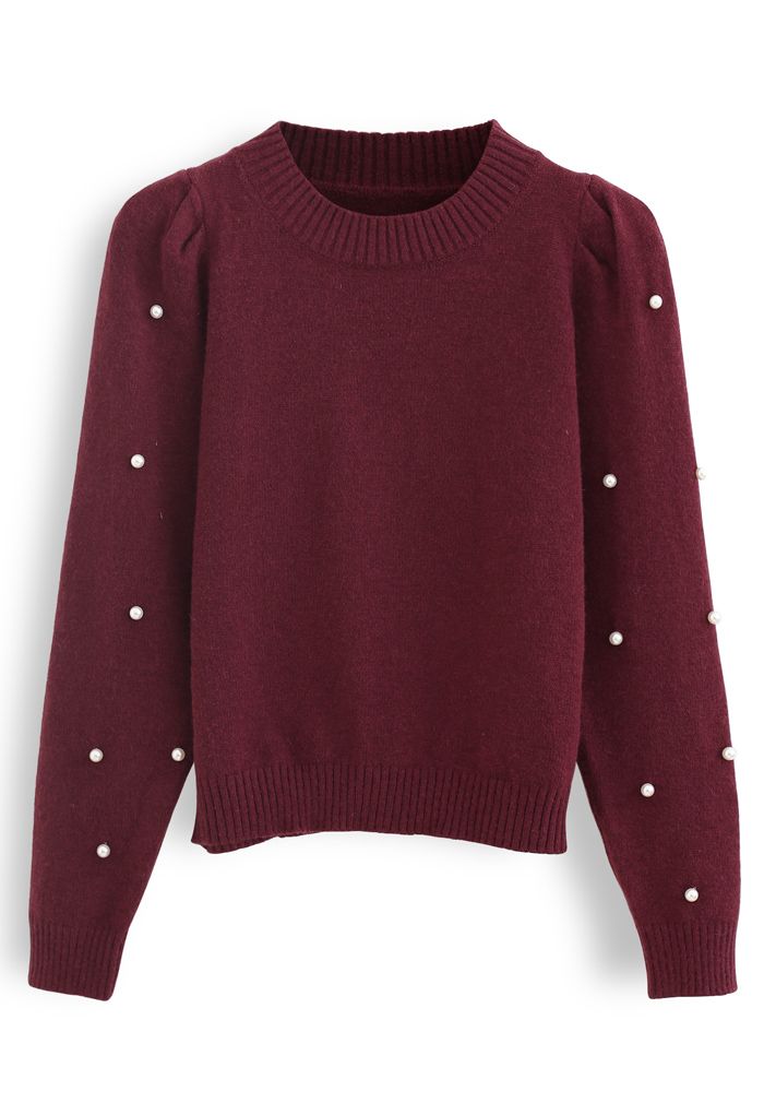 Pearl Trim Sleeves Ribbed Knit Sweater in Wine
