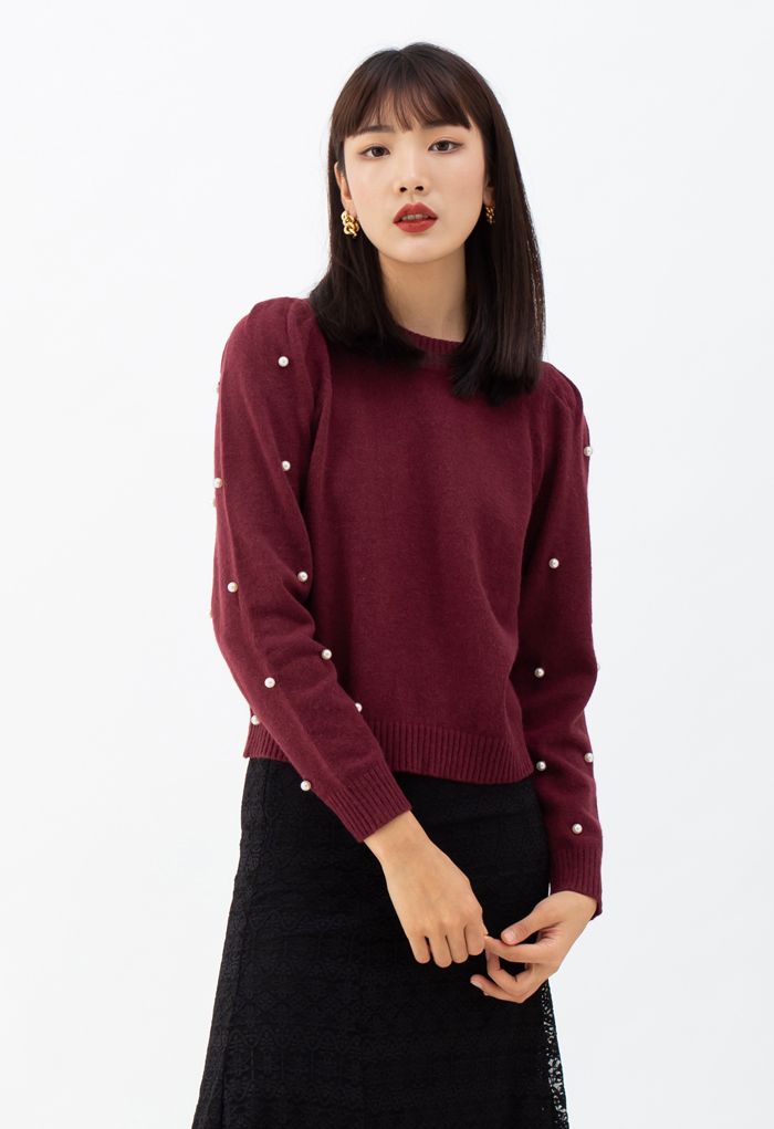 Pearl Trim Sleeves Ribbed Knit Sweater in Wine