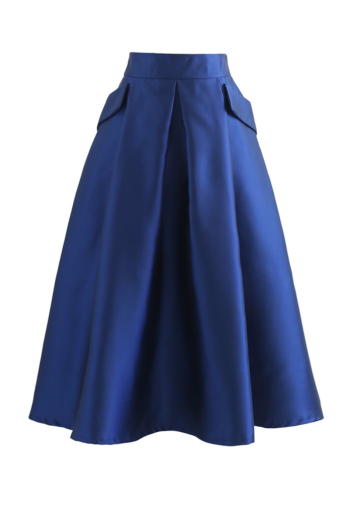 Exaggerated Pocket A-Line Pleated Skirt in Navy