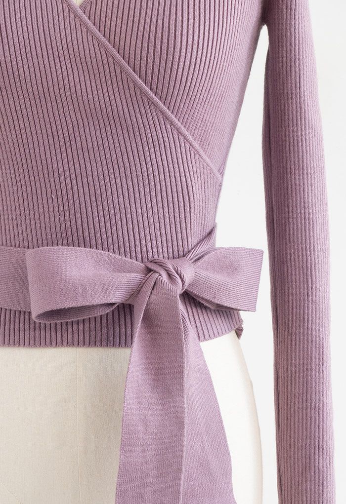V領腰部綁帶蝴蝶結短款針織上衣-紫色