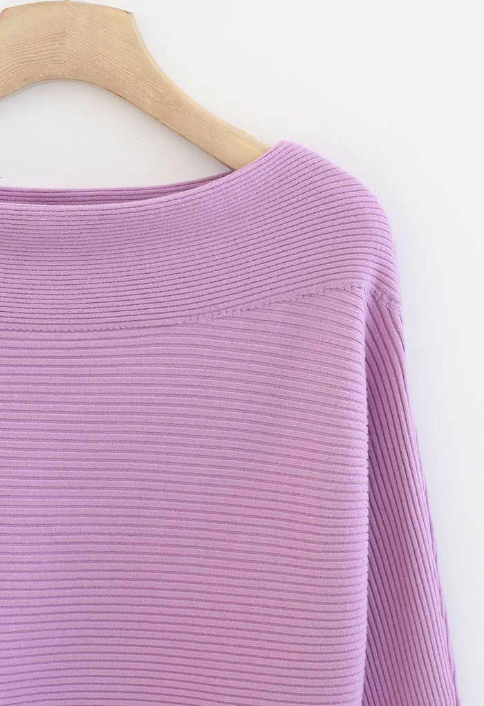 Boat Neck Long Sleeve Rib Knit Top in Lilac