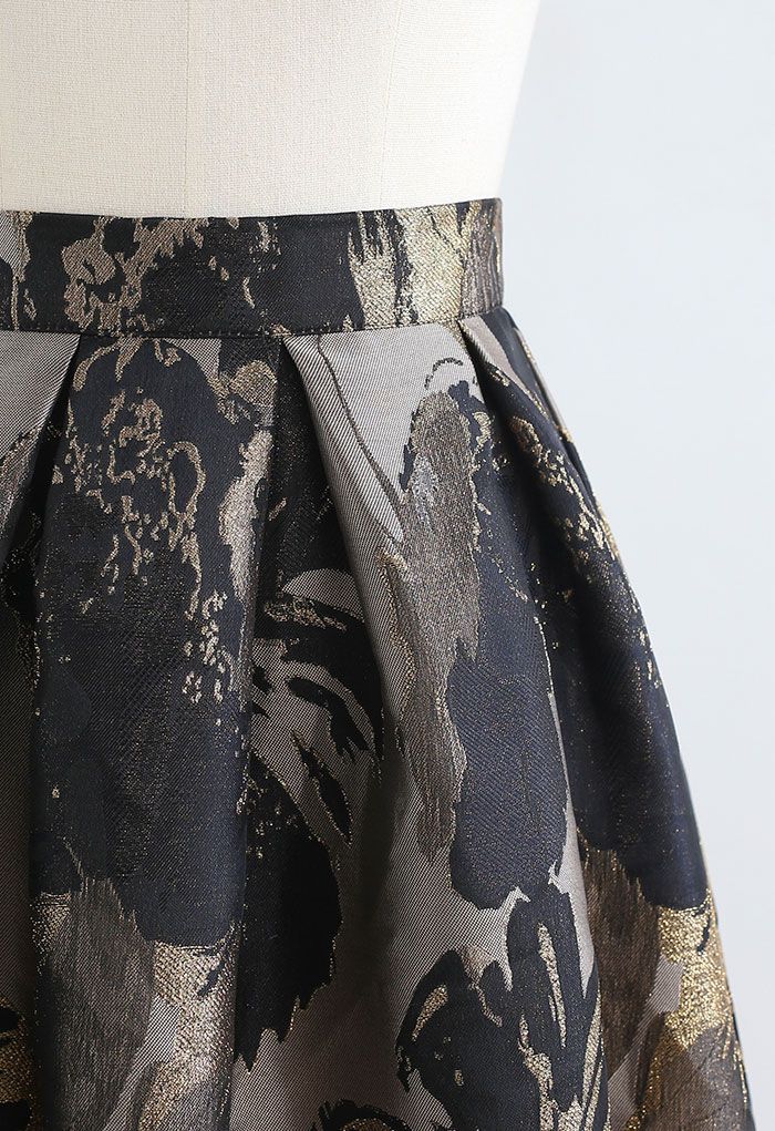 Black Lotus Jacquard Pleated Midi Skirt