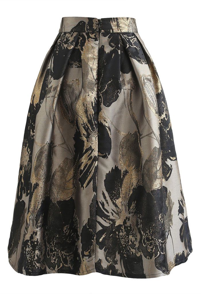 Black Lotus Jacquard Pleated Midi Skirt