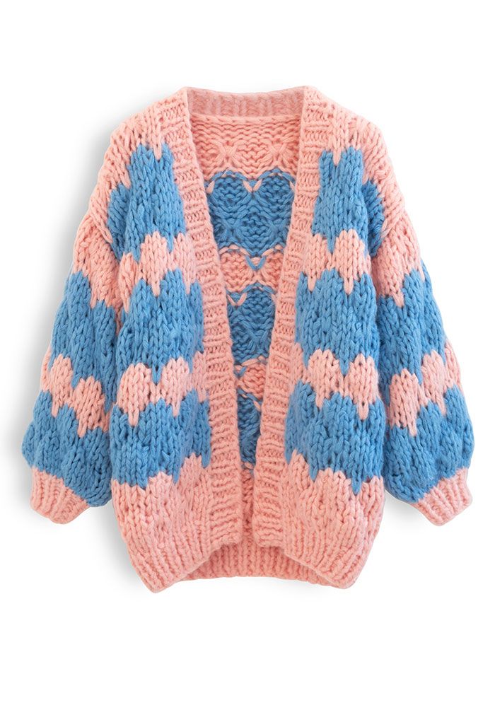 Two-Tone Hand-Knit Chunky Cardigan in Pink