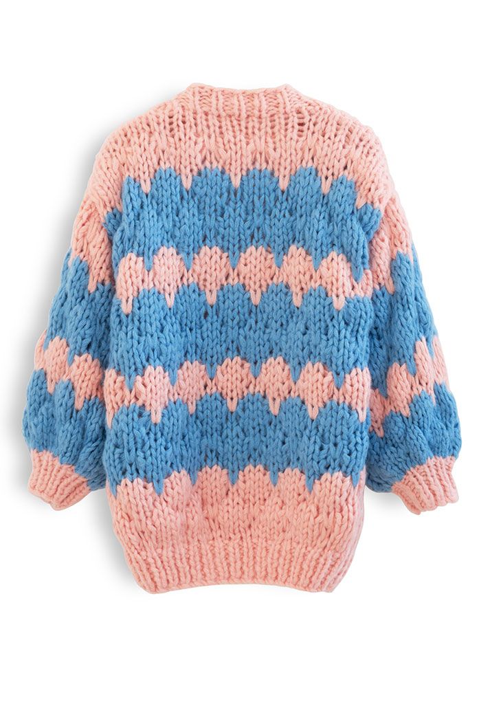 Two-Tone Hand-Knit Chunky Cardigan in Pink