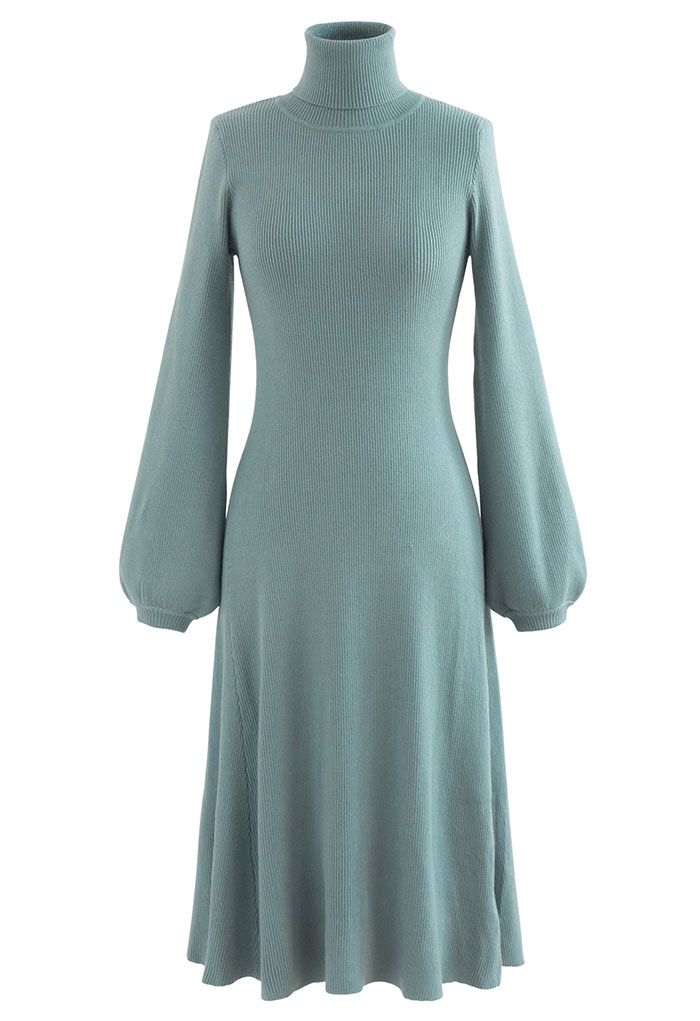 Turtleneck Fit-and-Flare Knit Midi Dress in Teal