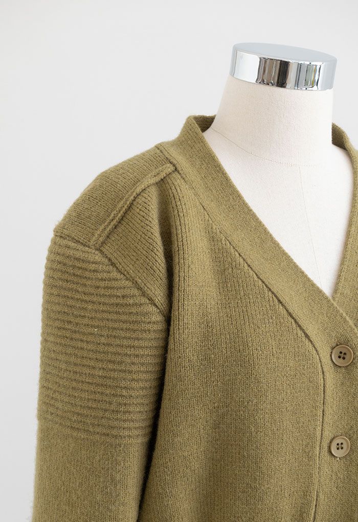 Puff Sleeve Buttoned Knit Cardigan in Moss Green