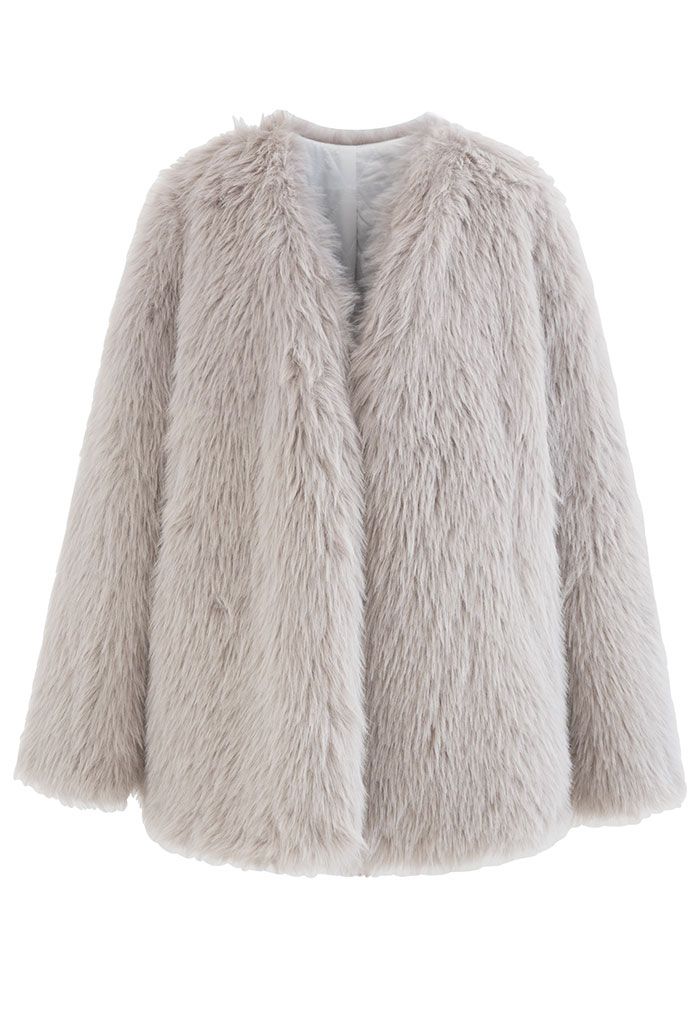Open Front Faux Fur Coat in Taupe