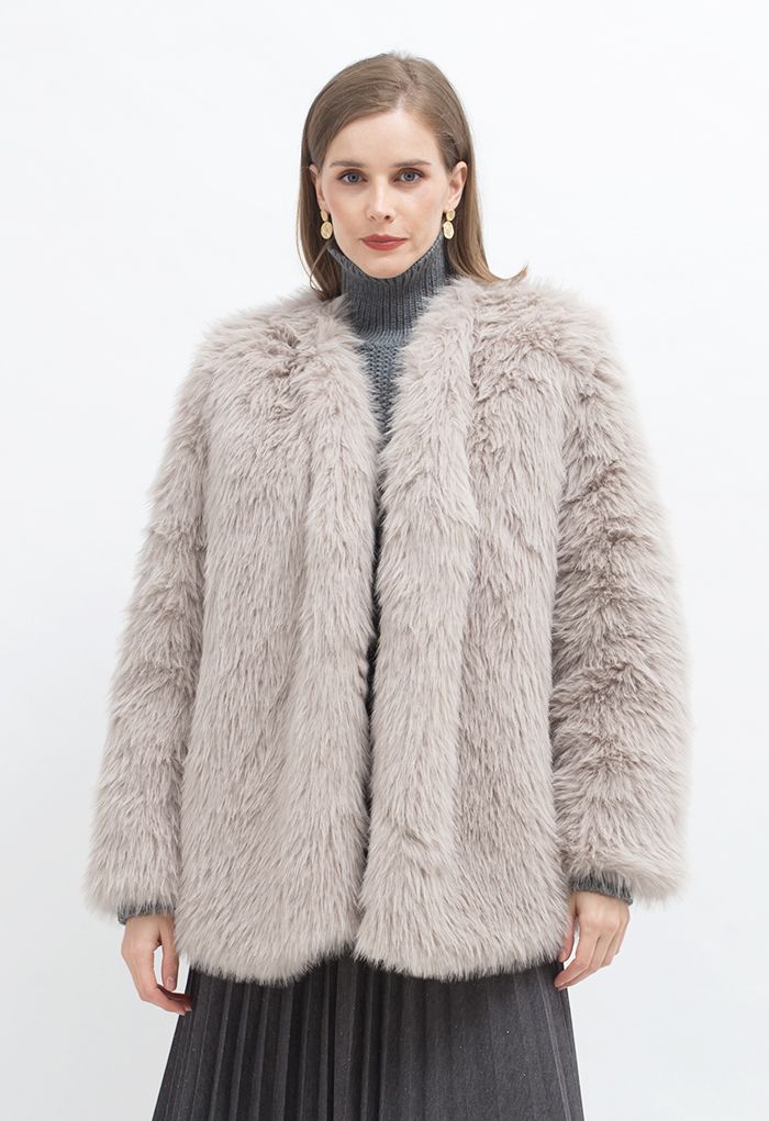 Open Front Faux Fur Coat in Taupe