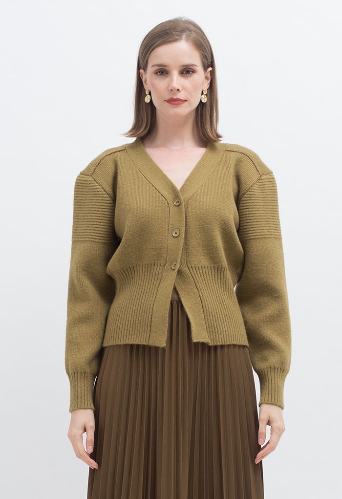 Puff Sleeve Buttoned Knit Cardigan in Moss Green