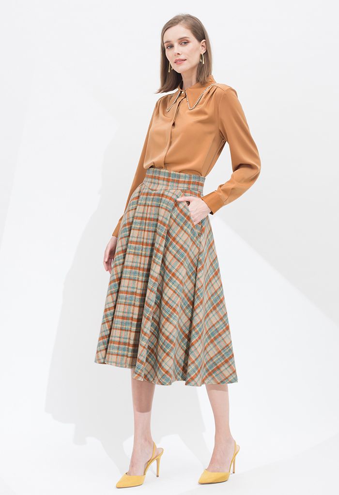 Multicolor Check Print Wool-Blend A-Line Skirt in Camel