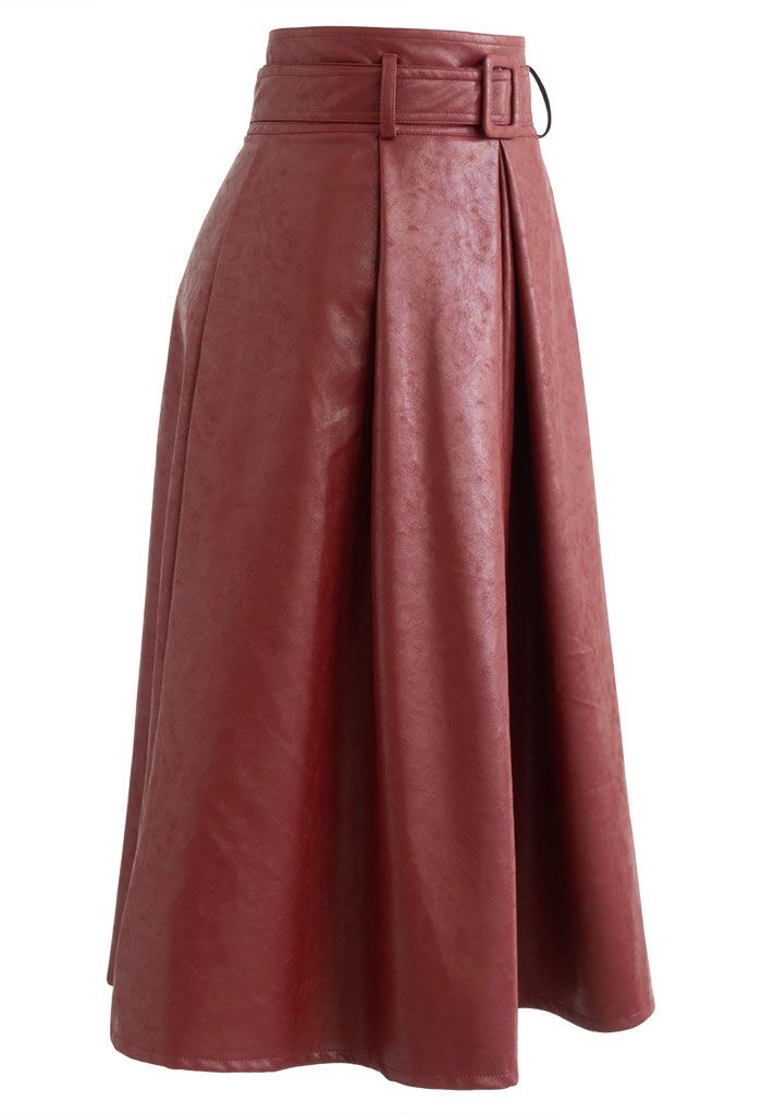 Textured Faux Leather Belted Pleated Skirt in Red