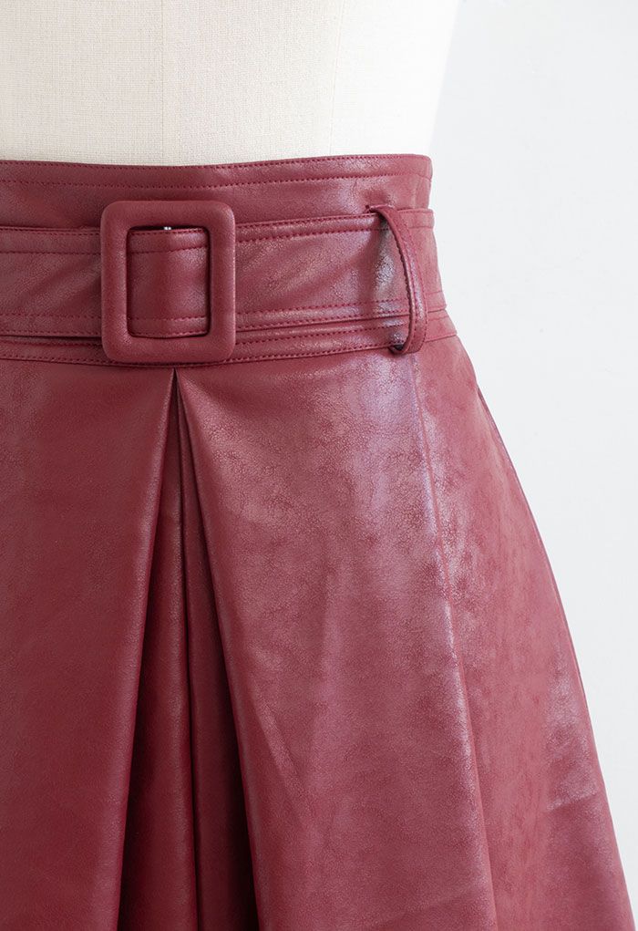 Textured Faux Leather Belted Pleated Skirt in Red