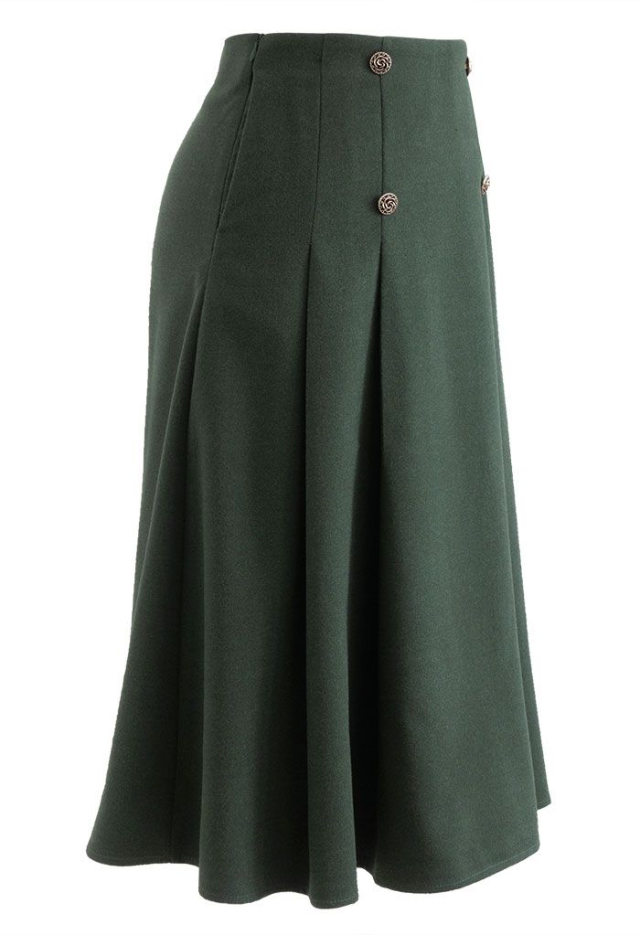 Rose Button High Waist Pleated Skirt in Dark Green