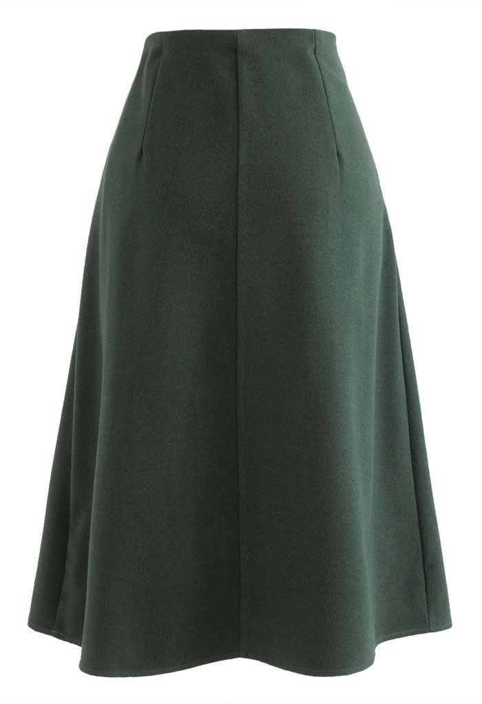 Rose Button High Waist Pleated Skirt in Dark Green