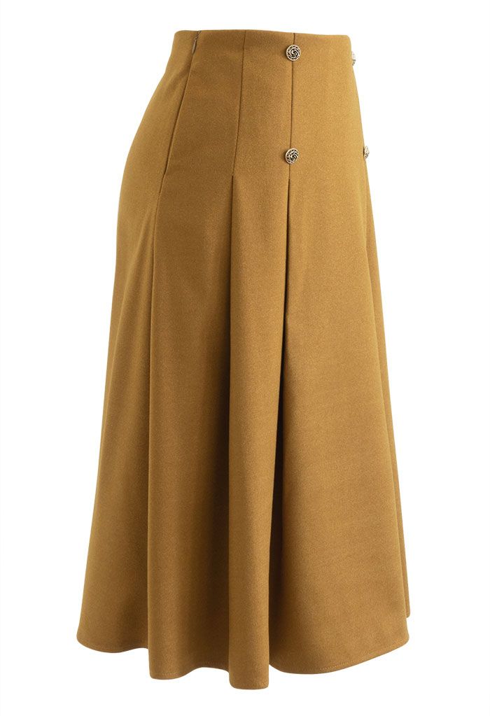Rose Button High Waist Pleated Skirt in Ginger