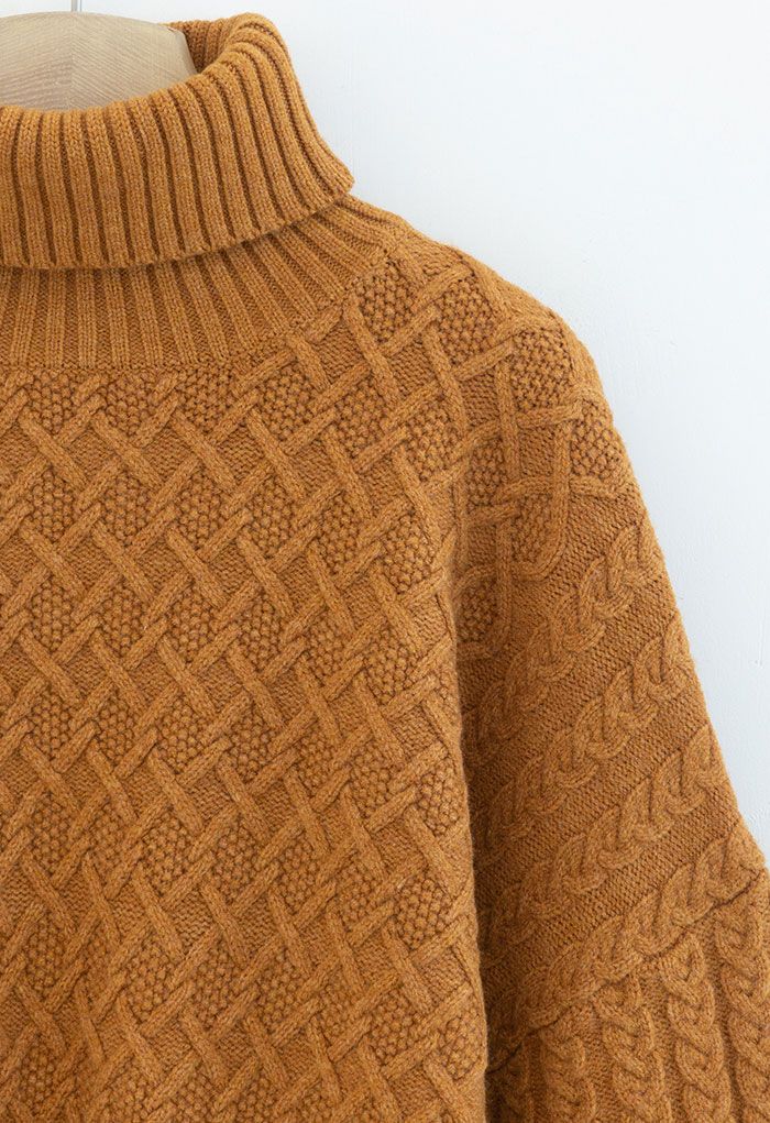 Turtleneck Cable Knit Cropped Sweater in Orange