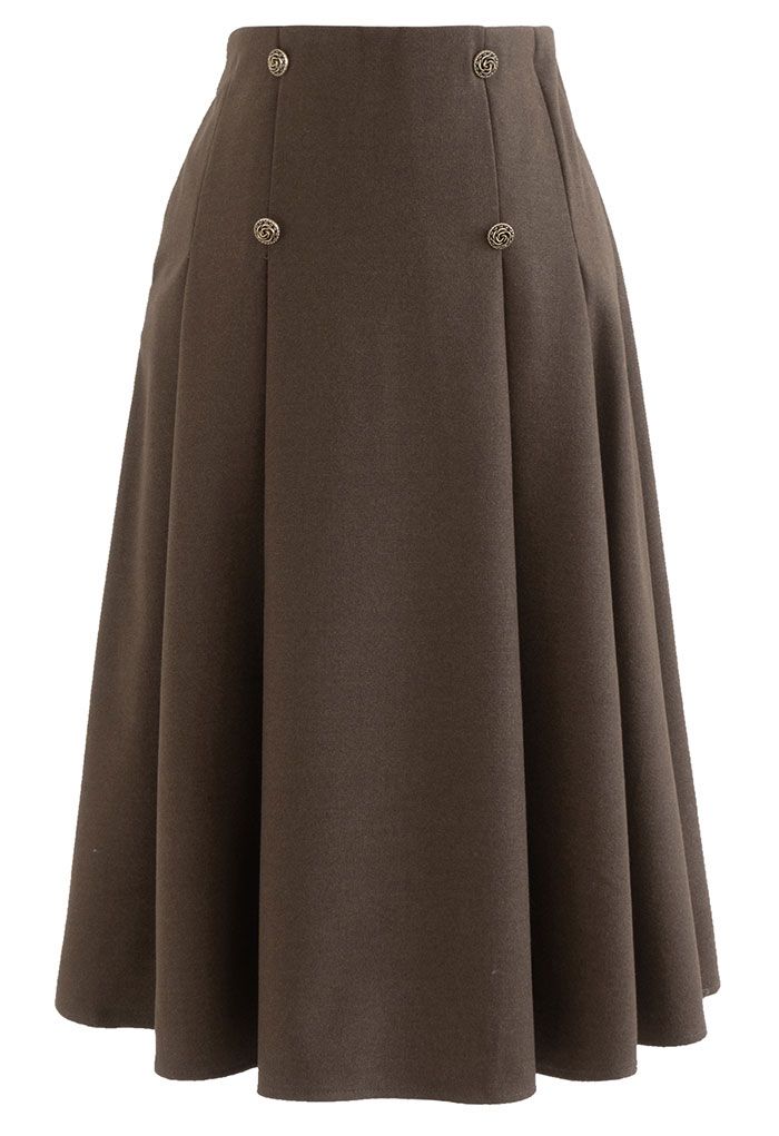 Rose Button High Waist Pleated Skirt in Brown