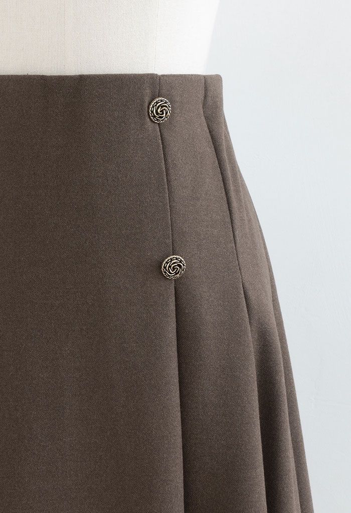 Rose Button High Waist Pleated Skirt in Brown