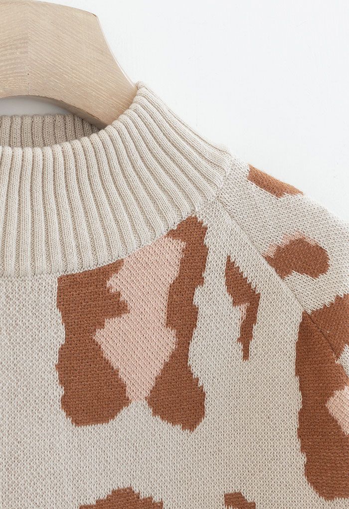 High Neck Irregular Print Ribbed Knit Sweater in Cream