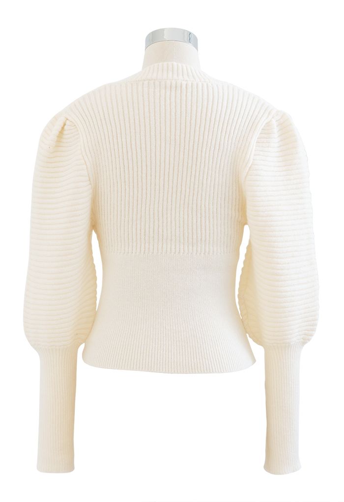 Square Neck Puff Sleeve Crop Knit Top in Ivory